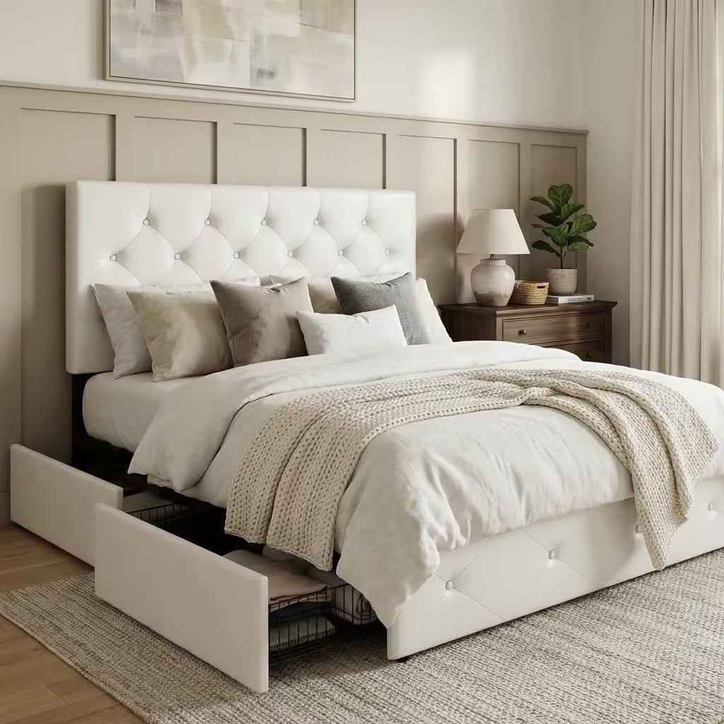 Allewie Upholstered Queen Size Platform Bed Frame with 4 Storage Drawers and Headboard, Square Stitched Button Tufted, Mattress Foundation with Wooden Slats Support, No Box Spring Needed, Light Grey
