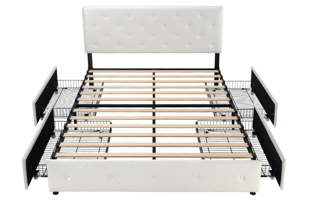 Allewie Upholstered Queen Size Platform Bed Frame with 4 Storage Drawers and Headboard, Square Stitched Button Tufted, Mattress Foundation with Wooden Slats Support, No Box Spring Needed, Light Grey