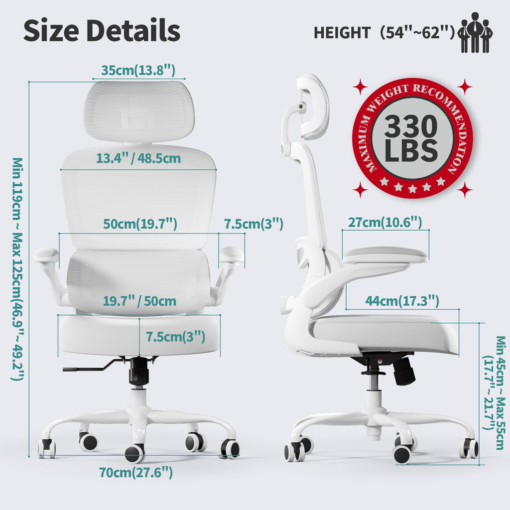 TRALT Office Chair Ergonomic Desk Chair, 330 LBS Home Mesh Office Desk Chairs with Wheels, Comfortable Gaming Chairs (White)
