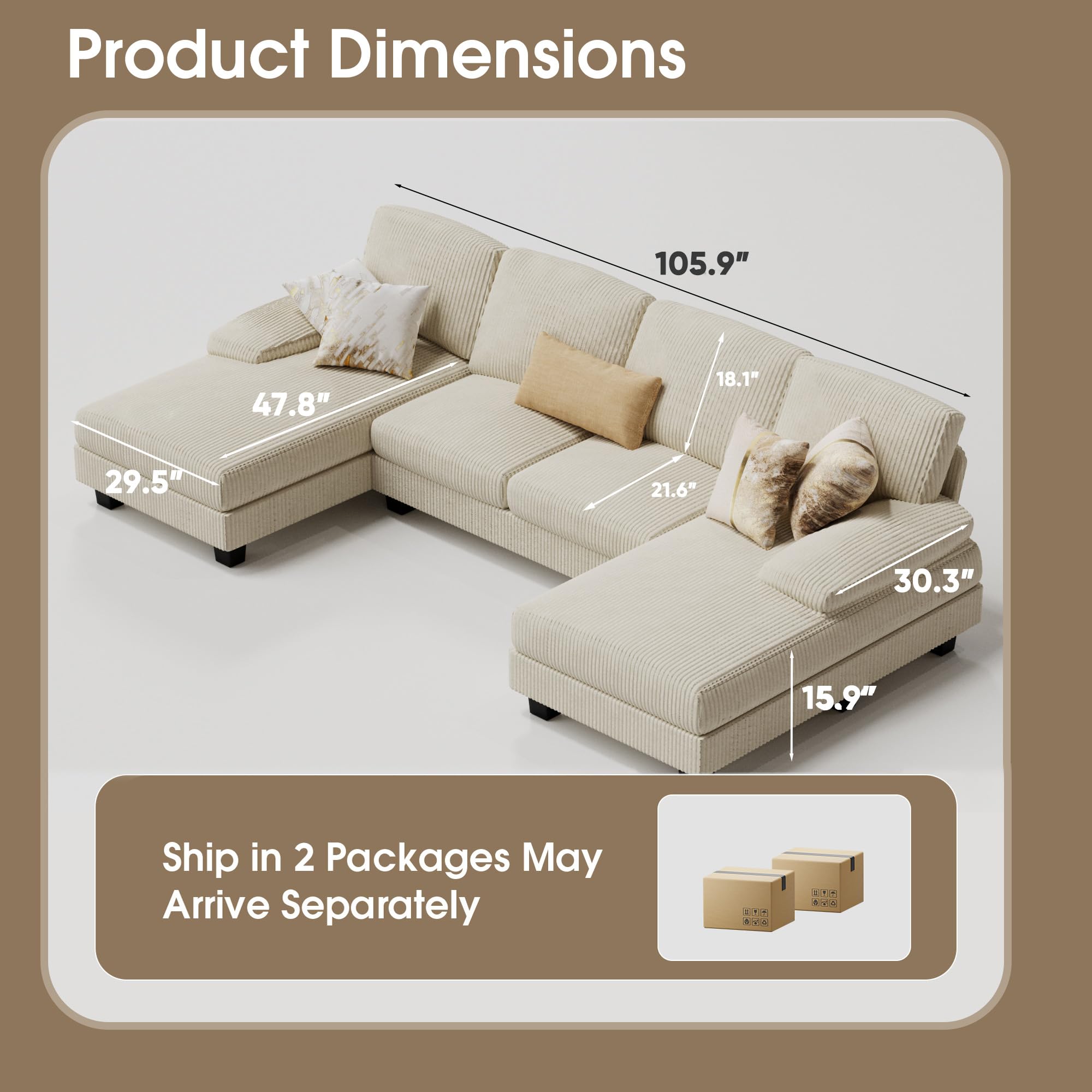 Furmax Sectional Couches for Living Room, U-Shaped Sofa Couch with Linen Fabric, 4 Seat Sofa Set with Double Chaise for Apartment (Fabric, Grey)