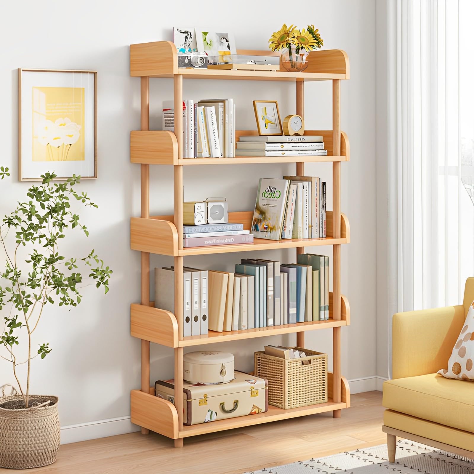 OSCHF 3-Tier Wooden Open Bookcase - Modern Display Bookshelf with Top Edge and Solid Wood Frame for Home and Office, Storage Cabinet, Oak
