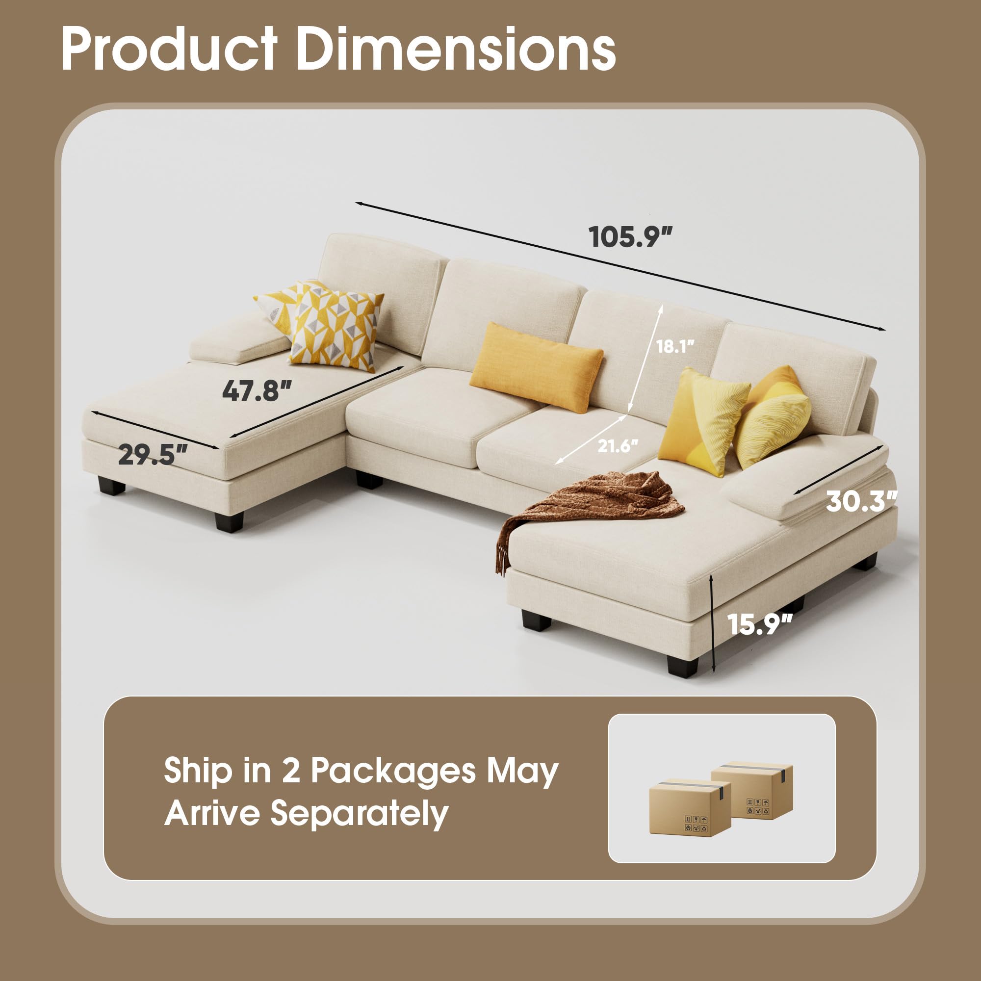 Furmax Sectional Couches for Living Room, U-Shaped Sofa Couch with Linen Fabric, 4 Seat Sofa Set with Double Chaise for Apartment (Fabric, Grey)