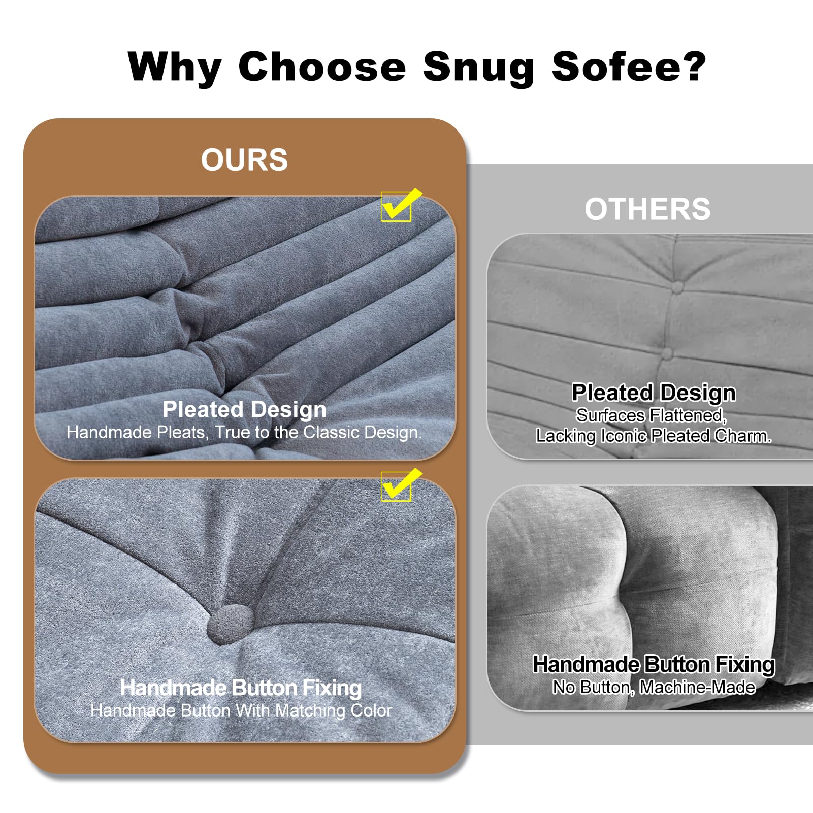 Snug Sofee Bean Bag Chairs for Adults, Bean Bag Sofa - Adult Size with Soft Waterproof Fabric for Living Room, Apartments, Reading Corner, Gaming, and Movie Venue (Gray)