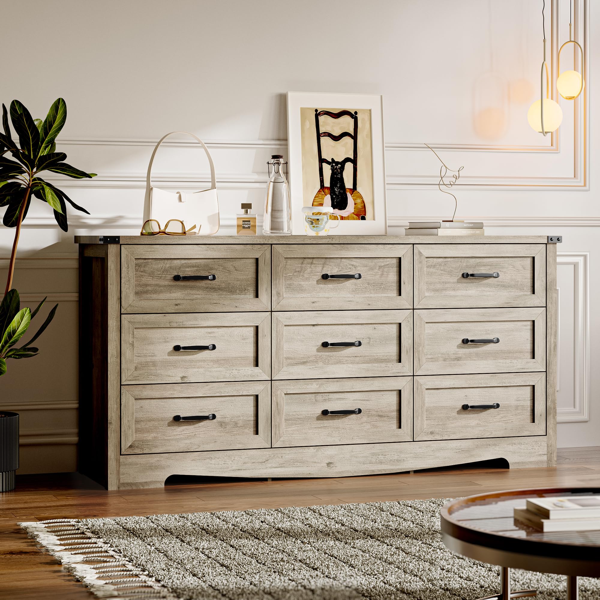 BORNOON 9-Drawer Dresser for Bedroom, Modern Wooden Chest of Drawers with Metal Handles, Anti-Tipping Design, Sturdy and Stable Storage Organizer for Living Room, Entryway, Home Office