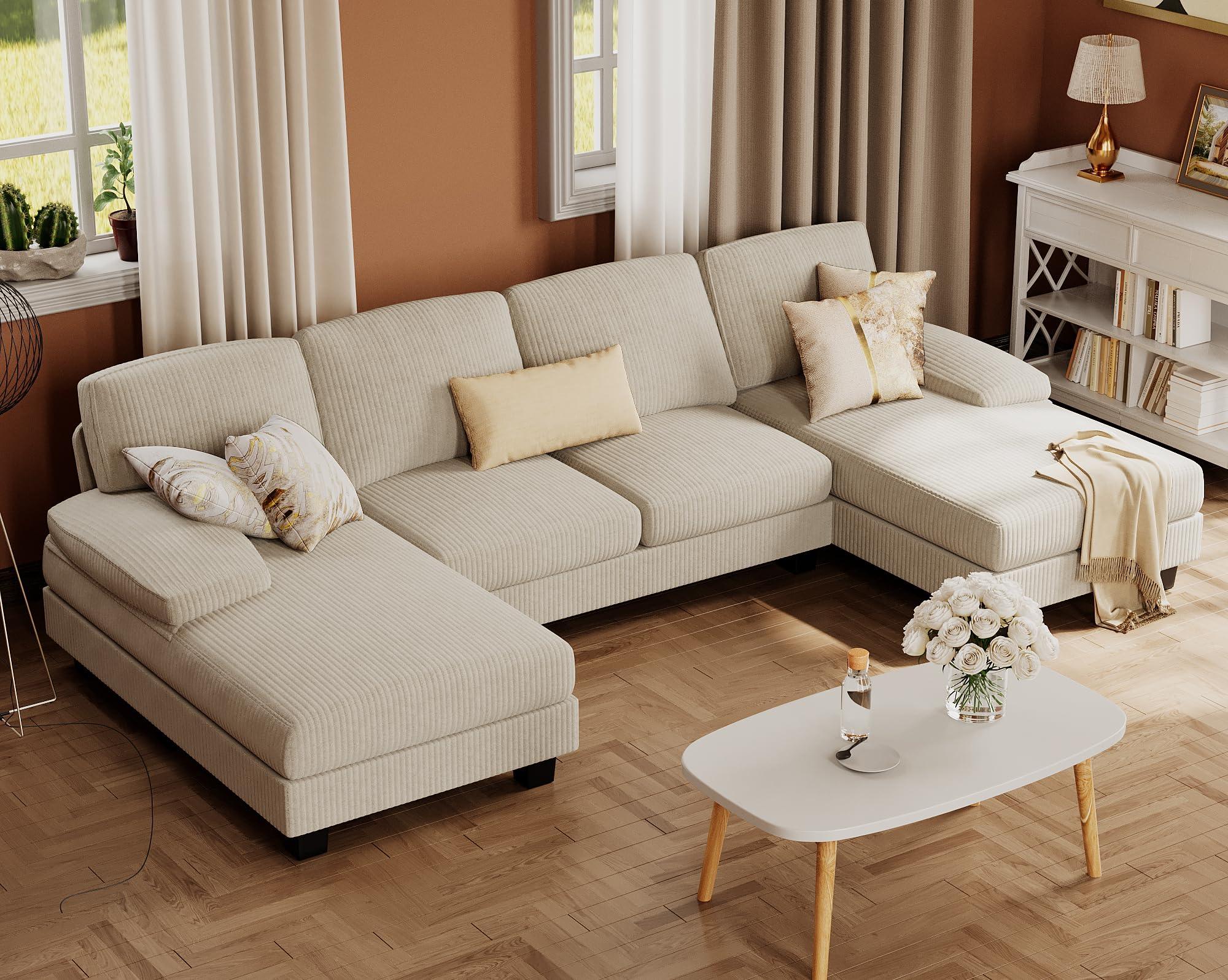 Furmax Sectional Couches for Living Room, U-Shaped Sofa Couch with Linen Fabric, 4 Seat Sofa Set with Double Chaise for Apartment (Fabric, Grey)