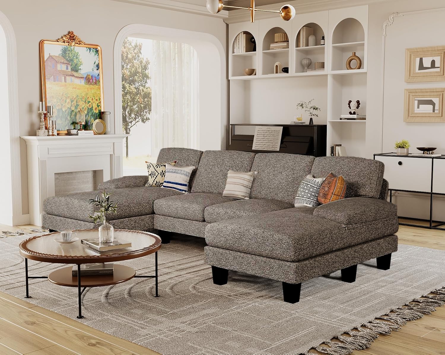 Furmax Sectional Couches for Living Room, U-Shaped Sofa Couch with Linen Fabric, 4 Seat Sofa Set with Double Chaise for Apartment (Fabric, Grey)
