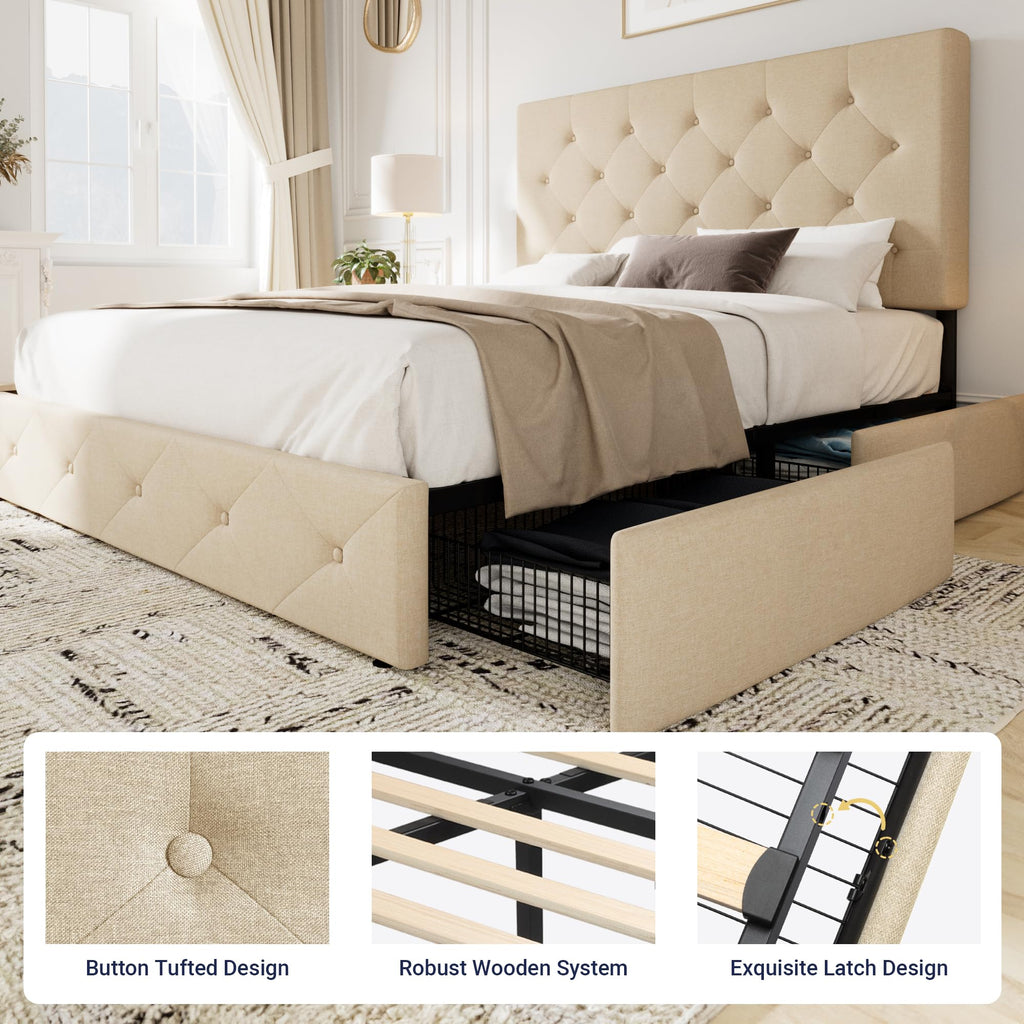 Allewie Upholstered Queen Size Platform Bed Frame with 4 Storage Drawers and Headboard, Square Stitched Button Tufted, Mattress Foundation with Wooden Slats Support, No Box Spring Needed, Light Grey