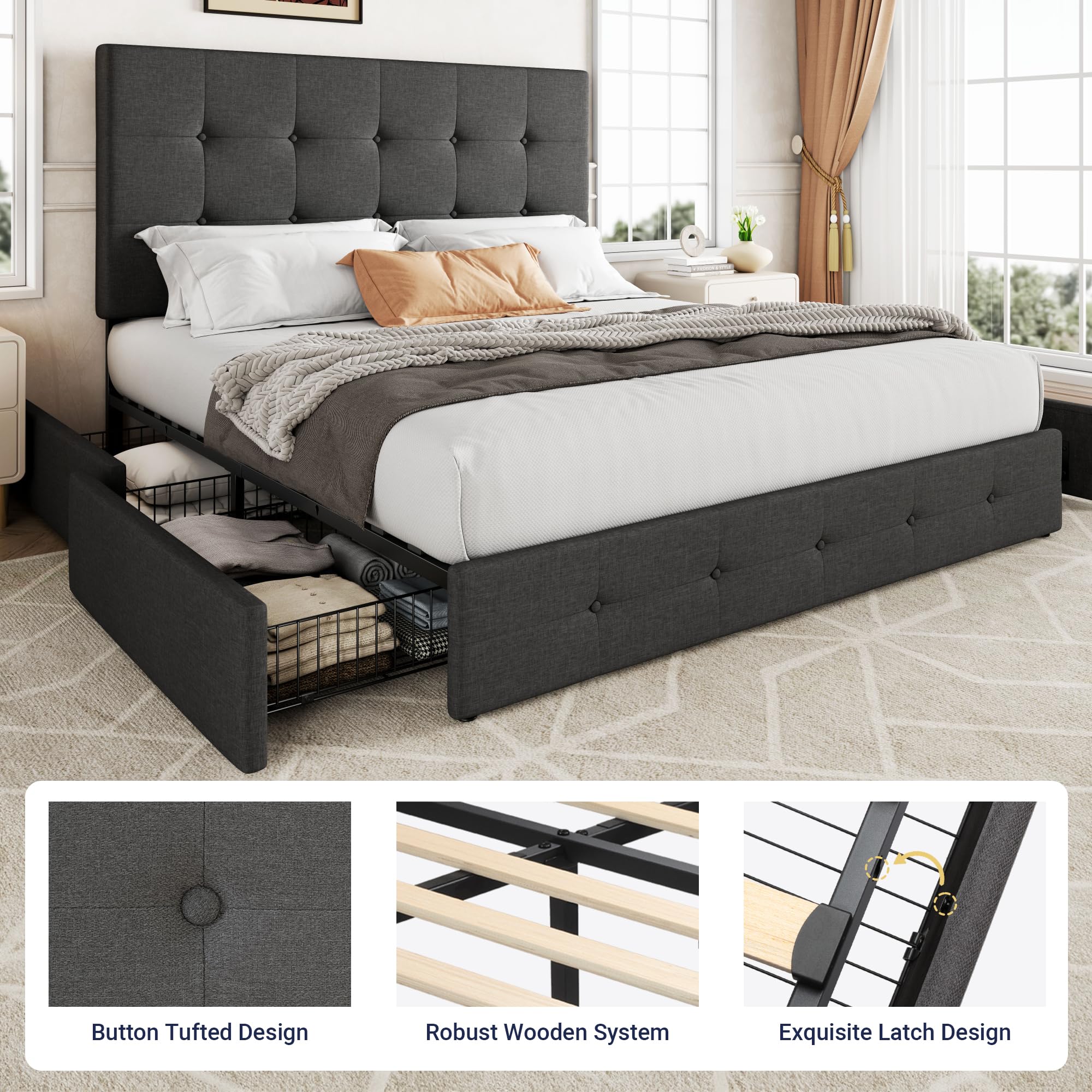 Allewie Upholstered Queen Size Platform Bed Frame with 4 Storage Drawers and Headboard, Square Stitched Button Tufted, Mattress Foundation with Wooden Slats Support, No Box Spring Needed, Light Grey