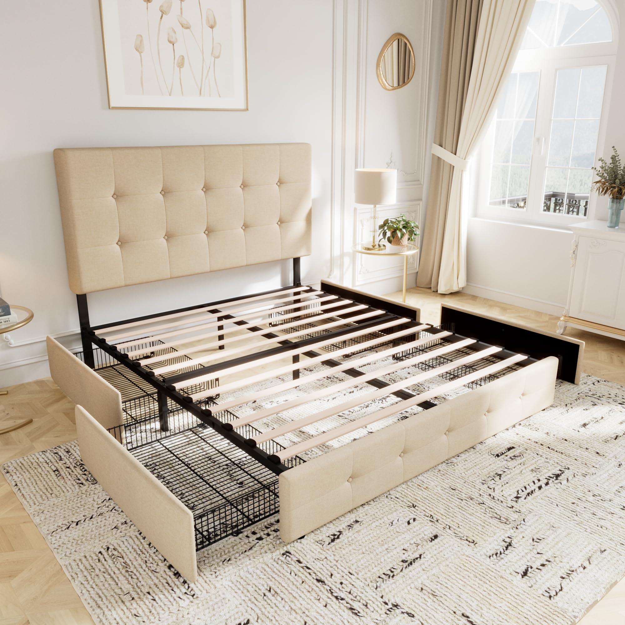Allewie Upholstered Queen Size Platform Bed Frame with 4 Storage Drawers and Headboard, Square Stitched Button Tufted, Mattress Foundation with Wooden Slats Support, No Box Spring Needed, Light Grey