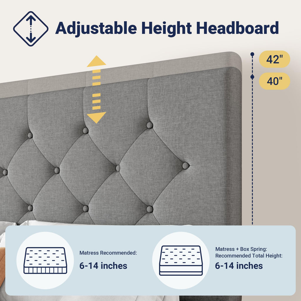 Allewie Upholstered Queen Size Platform Bed Frame with 4 Storage Drawers and Headboard, Square Stitched Button Tufted, Mattress Foundation with Wooden Slats Support, No Box Spring Needed, Light Grey