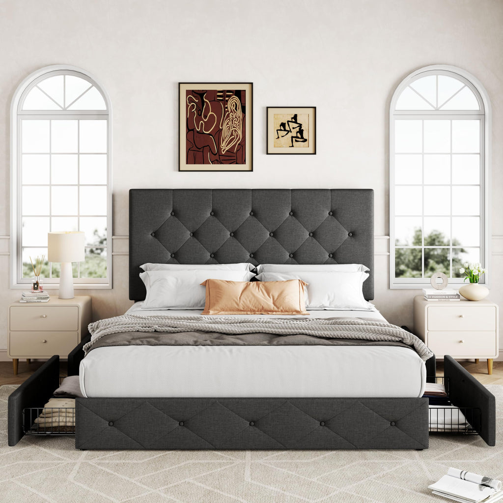 Allewie Upholstered Queen Size Platform Bed Frame with 4 Storage Drawers and Headboard, Square Stitched Button Tufted, Mattress Foundation with Wooden Slats Support, No Box Spring Needed, Light Grey