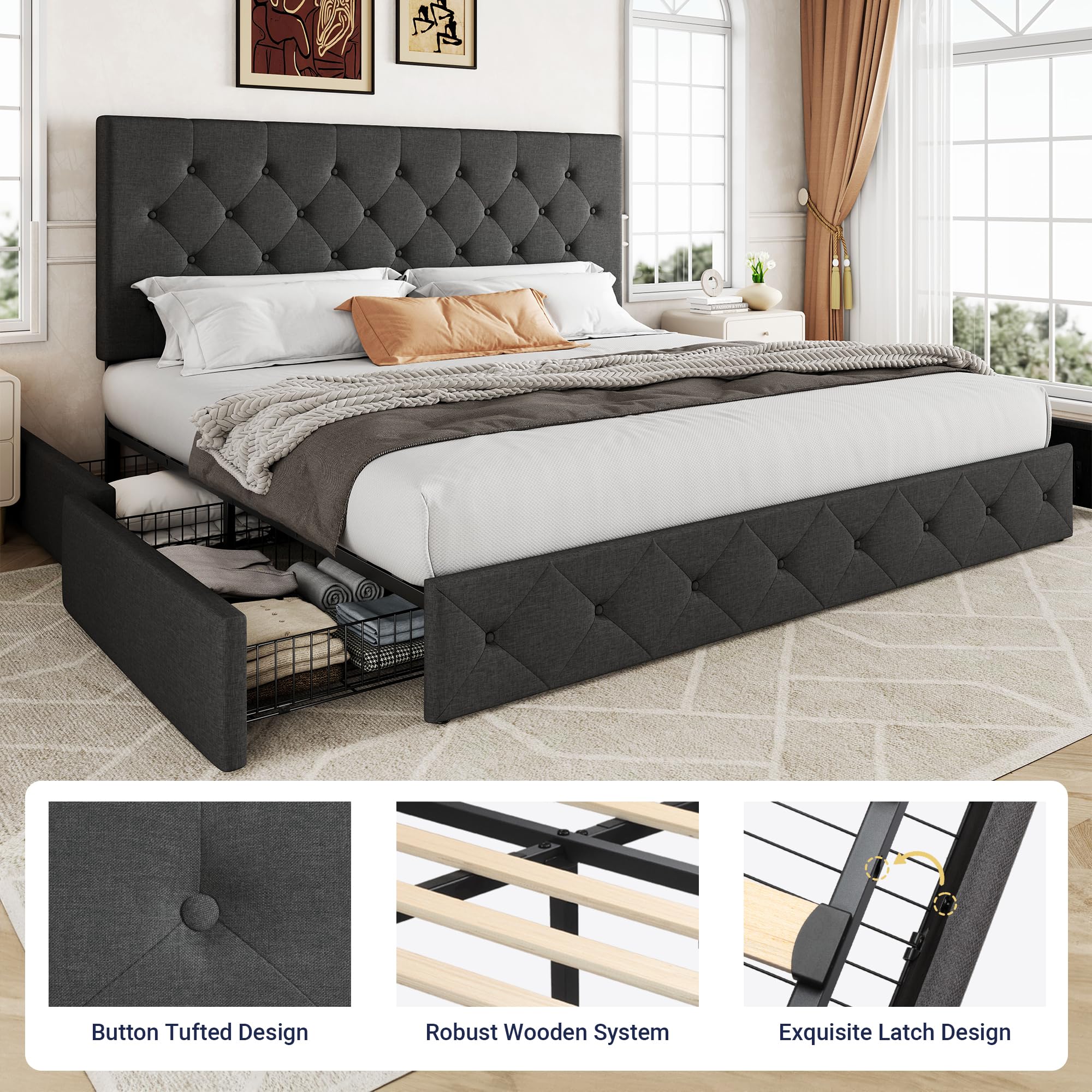 Allewie Upholstered Queen Size Platform Bed Frame with 4 Storage Drawers and Headboard, Square Stitched Button Tufted, Mattress Foundation with Wooden Slats Support, No Box Spring Needed, Light Grey