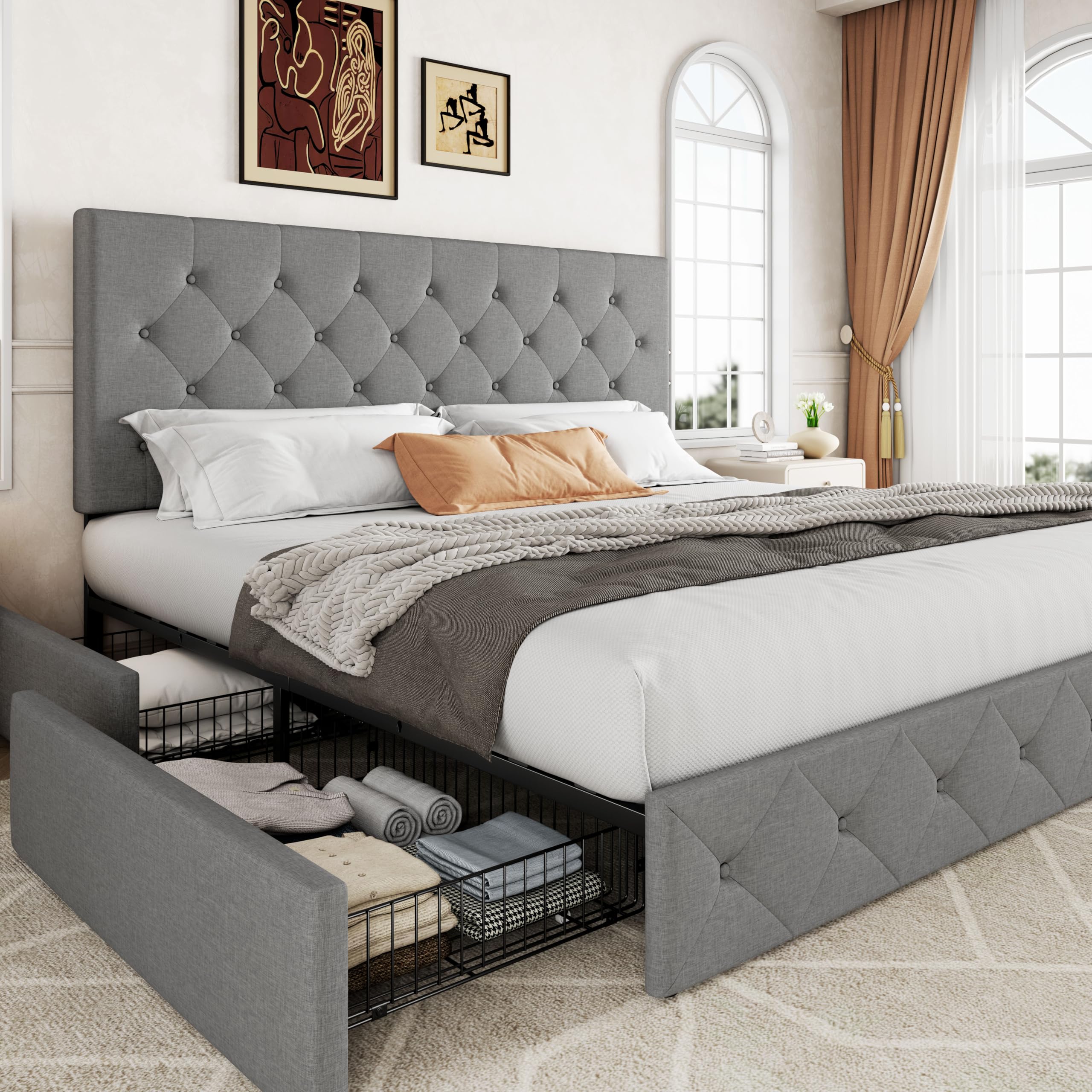 Allewie Upholstered Queen Size Platform Bed Frame with 4 Storage Drawers and Headboard, Square Stitched Button Tufted, Mattress Foundation with Wooden Slats Support, No Box Spring Needed, Light Grey