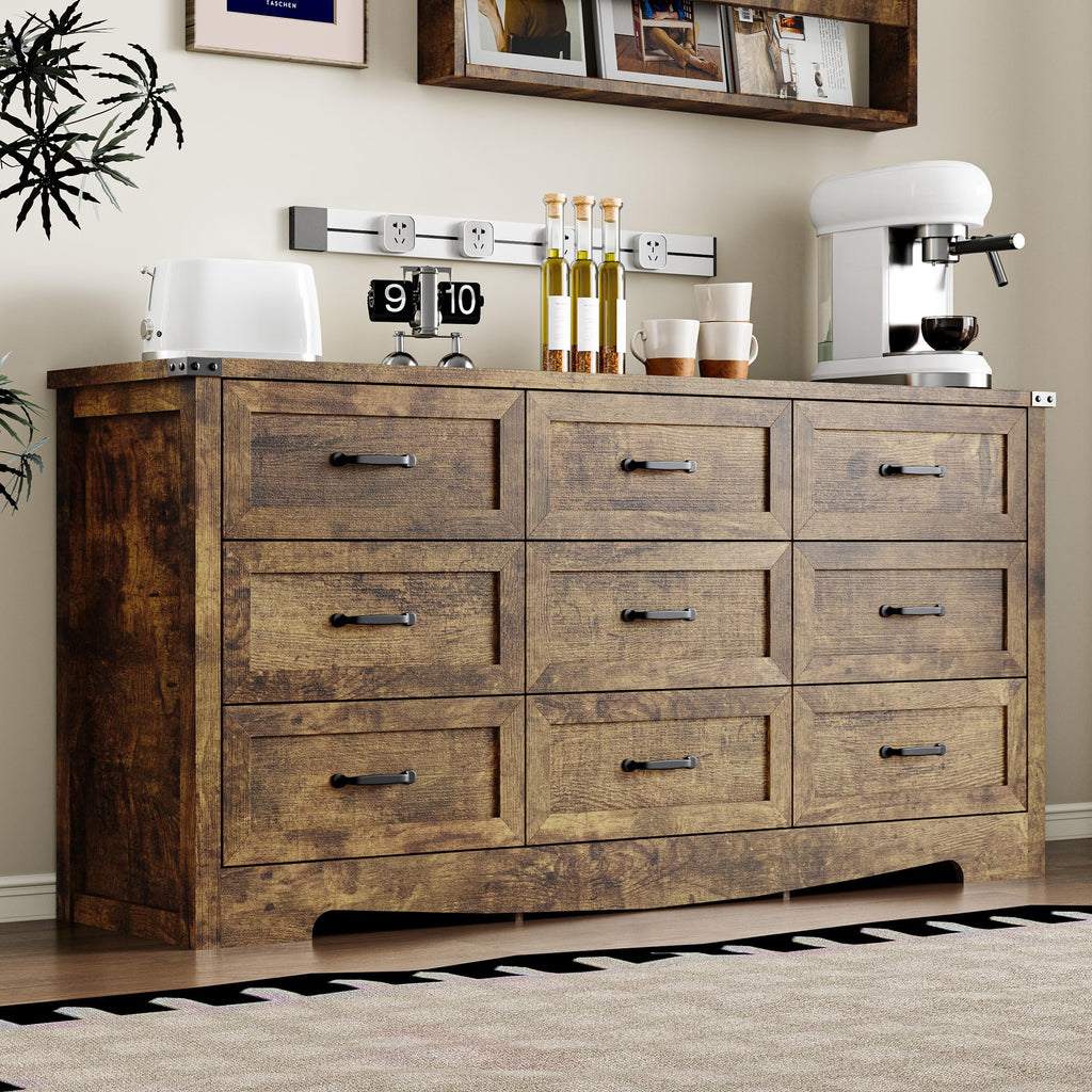 BORNOON 9-Drawer Dresser for Bedroom, Modern Wooden Chest of Drawers with Metal Handles, Anti-Tipping Design, Sturdy and Stable Storage Organizer for Living Room, Entryway, Home Office