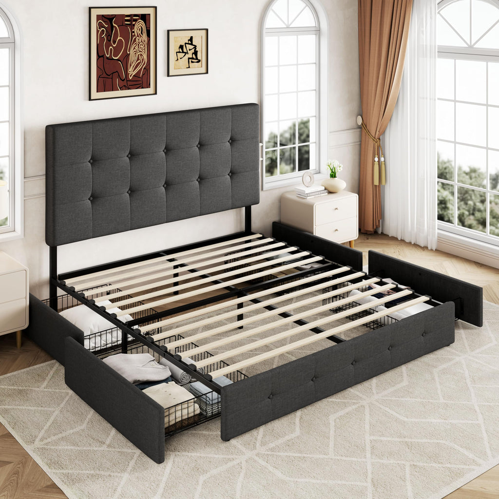 Allewie Upholstered Queen Size Platform Bed Frame with 4 Storage Drawers and Headboard, Square Stitched Button Tufted, Mattress Foundation with Wooden Slats Support, No Box Spring Needed, Light Grey