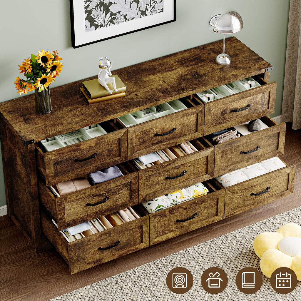 BORNOON 9-Drawer Dresser for Bedroom, Modern Wooden Chest of Drawers with Metal Handles, Anti-Tipping Design, Sturdy and Stable Storage Organizer for Living Room, Entryway, Home Office