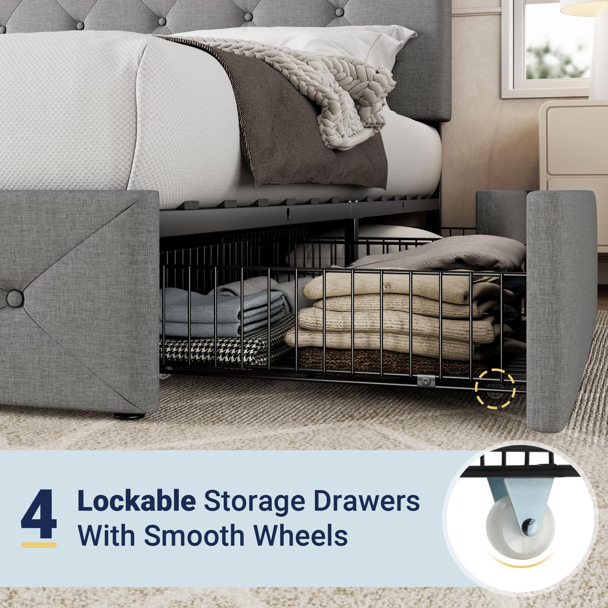 Allewie Upholstered Queen Size Platform Bed Frame with 4 Storage Drawers and Headboard, Square Stitched Button Tufted, Mattress Foundation with Wooden Slats Support, No Box Spring Needed, Light Grey
