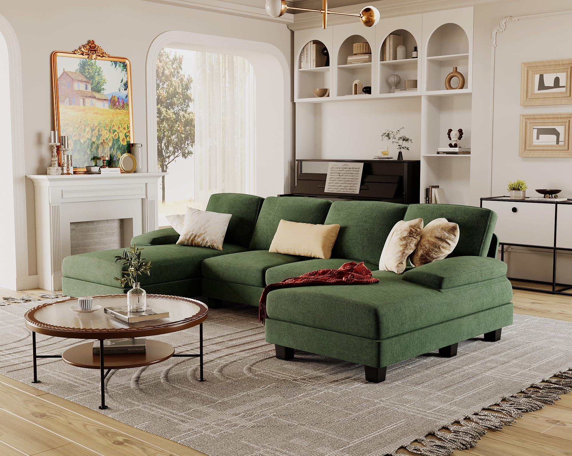 Furmax Sectional Couches for Living Room, U-Shaped Sofa Couch with Linen Fabric, 4 Seat Sofa Set with Double Chaise for Apartment (Fabric, Grey)