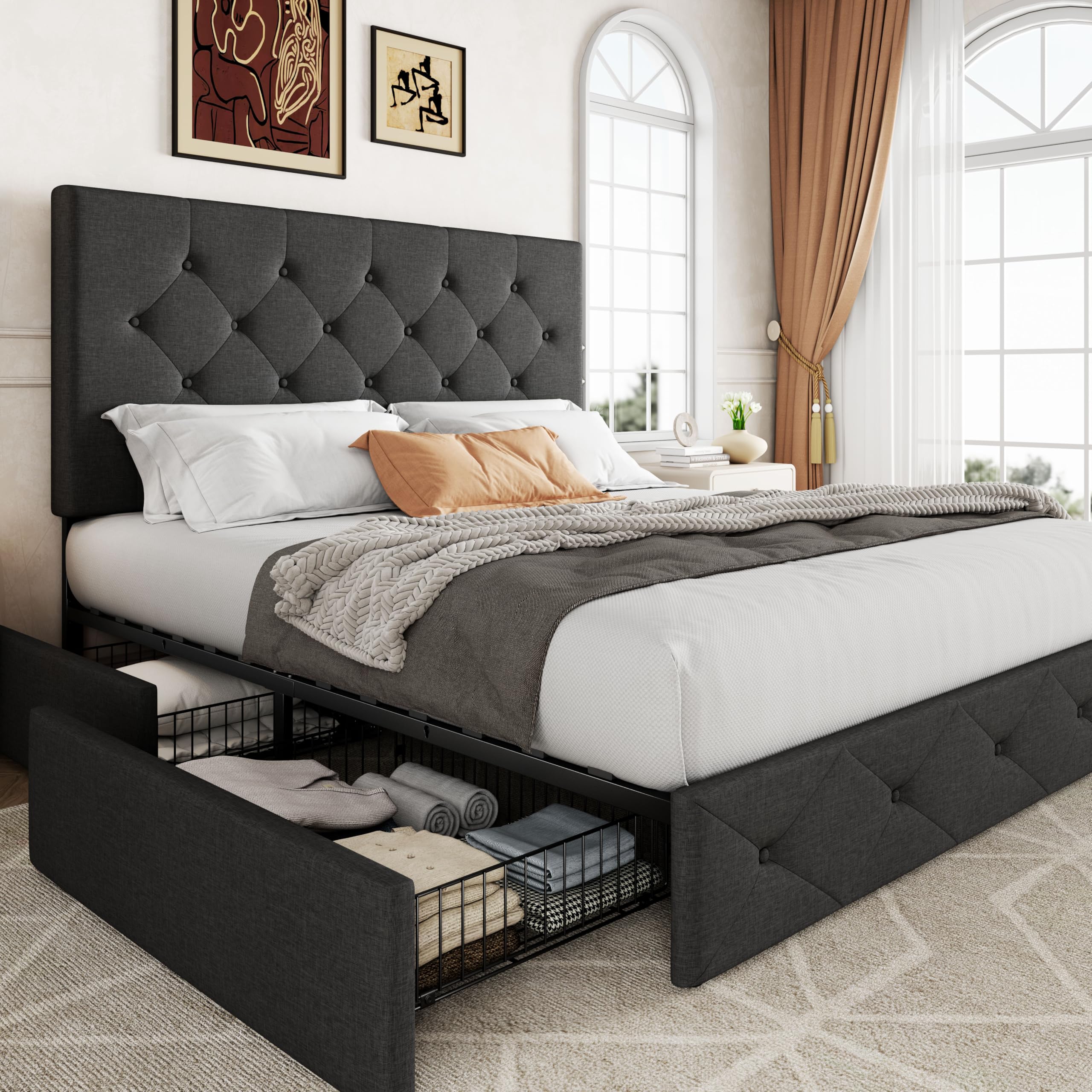 Allewie Upholstered Queen Size Platform Bed Frame with 4 Storage Drawers and Headboard, Square Stitched Button Tufted, Mattress Foundation with Wooden Slats Support, No Box Spring Needed, Light Grey